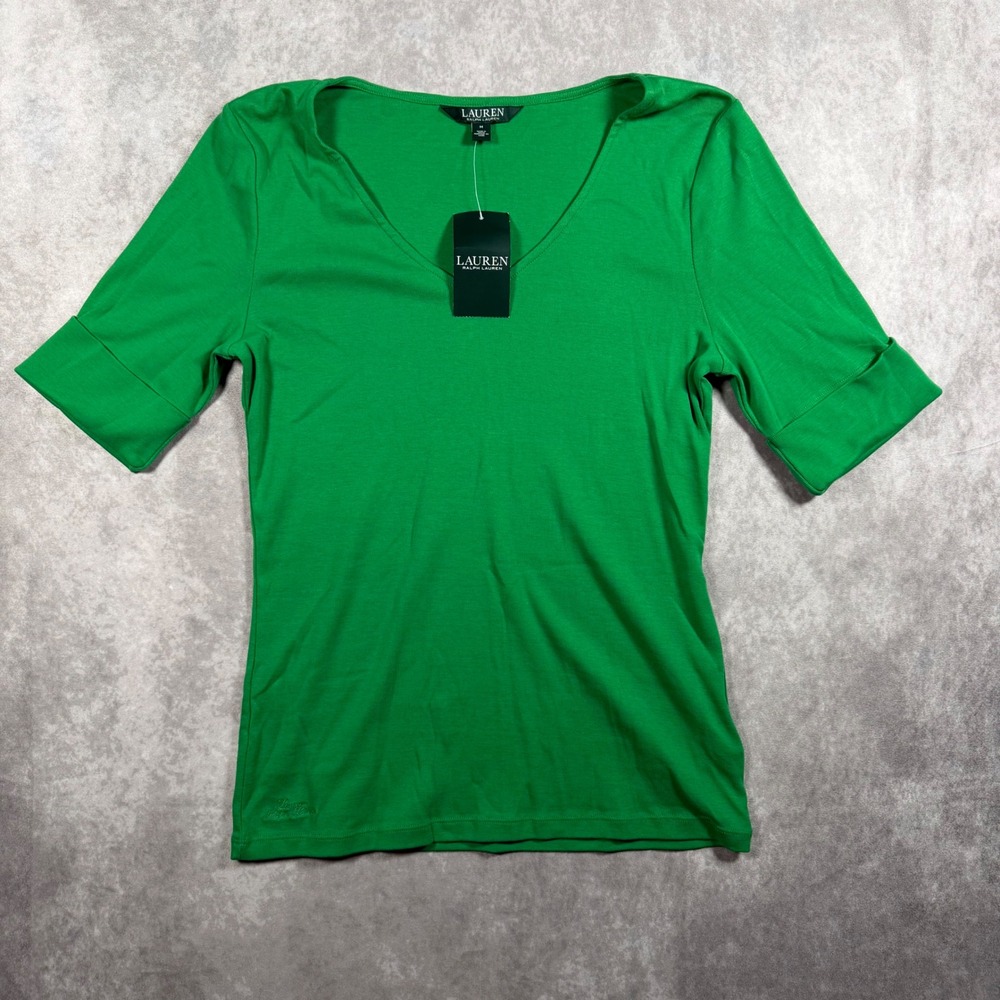 Lauren Ralph Lauren Green V-Neck Top Women M Cuffed Short Sleeve Blouse Knit NWT